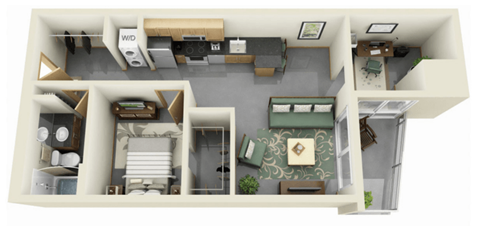 Floor plan for 1 bed, 1 bath, 663 sqft